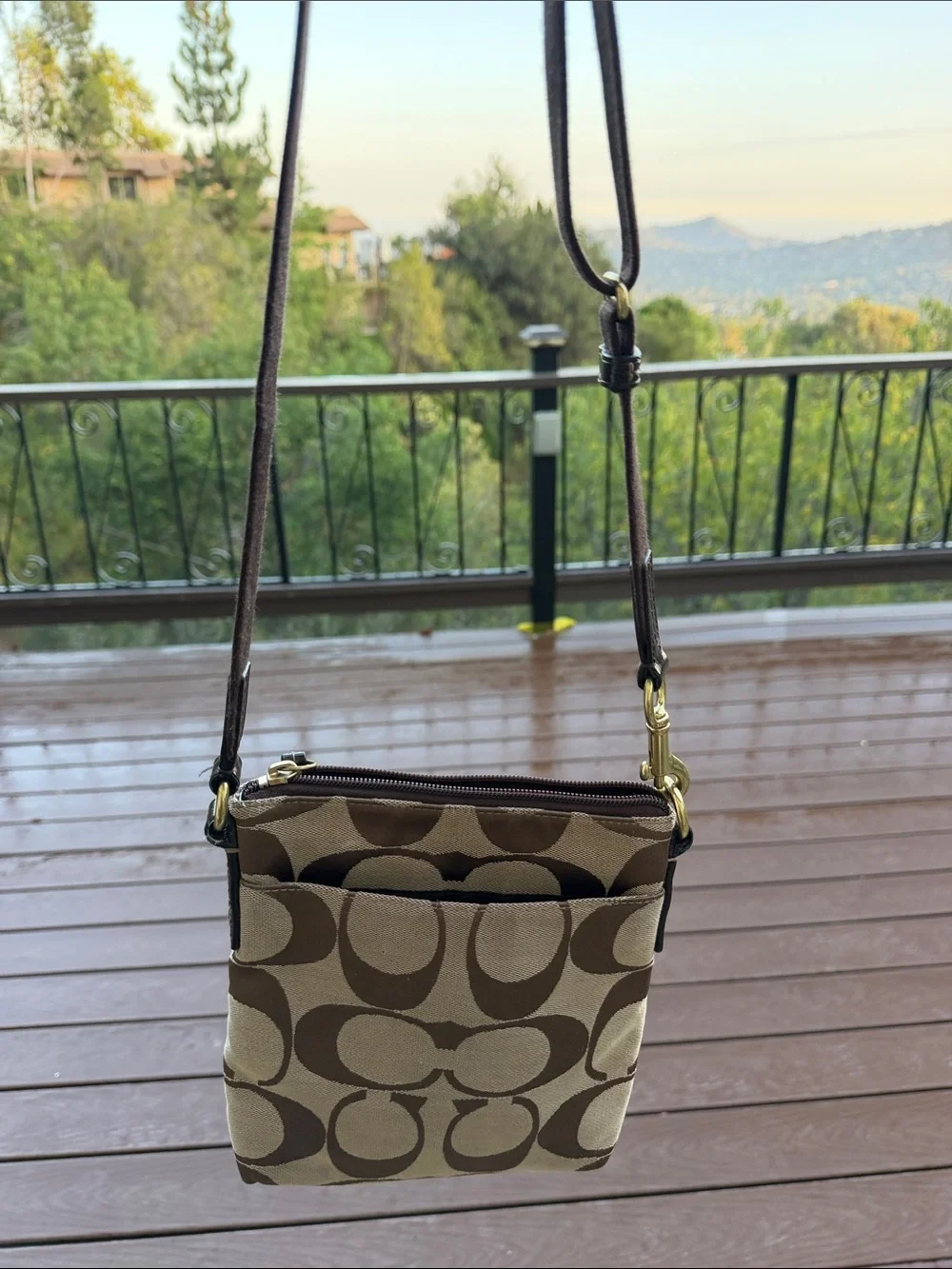 Coach Brown Signature Canvas Crossbody with Leather Trim